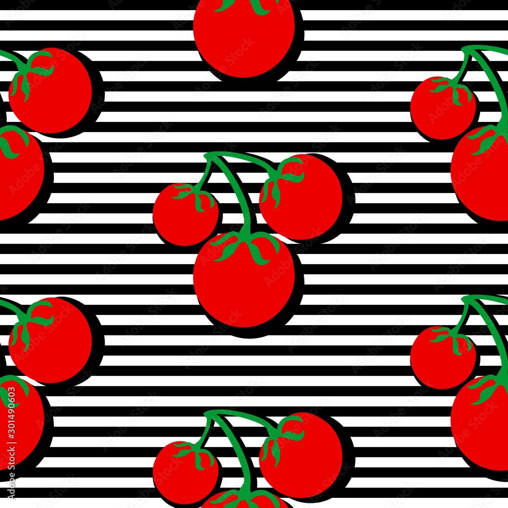 Poster seamless background with stripes and cherry tomatoes with dark shadow. vector illustration design fo