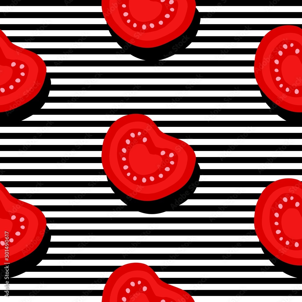 Poster seamless background with stripes and slice tomatoes with dark shadow. vector illustration design for