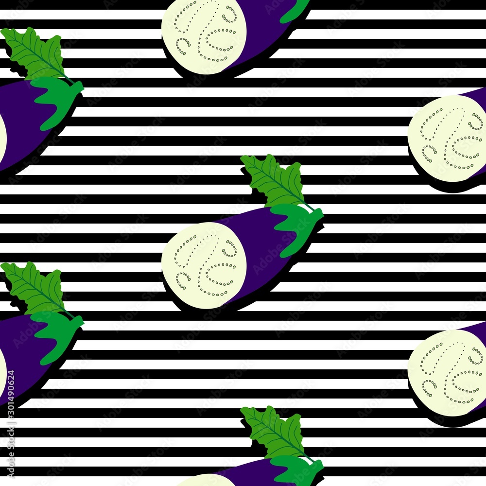 Poster seamless background with stripes and sliced eggplants with dark shadow. vector illustration design f
