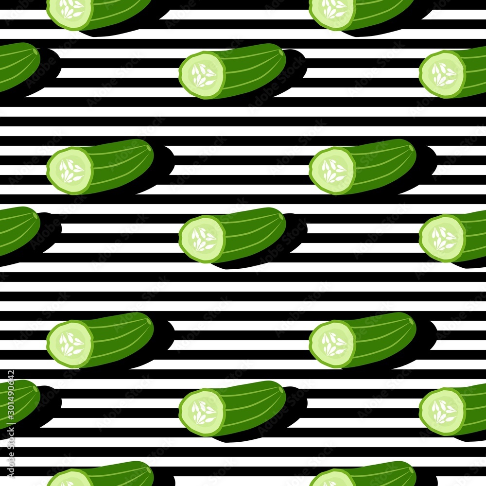 Aufkleber seamless background with stripes and sliced cucumbers with dark shadow. vector illustration design f