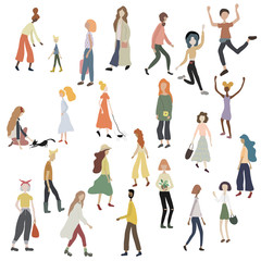 Fototapeta na wymiar Crowd of people walking with dog, cat standing, dancing, running, shopping. Male and female characters isolated on white. Outdoor activities on city street. Vector illustration in flat cartoon style