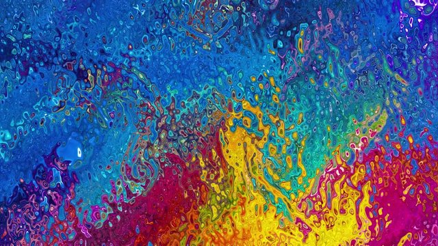 Liquid in psychedelic colours slowly moves, revolving and changing shape.  Very detailed digital animation.