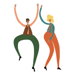 Young dancing people. Happy couple male and female dancers isolated on white background. Smiling men and women enjoying dance party. Funny colorful vector illustration in flat cartoon style.