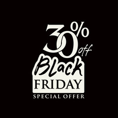 Black Friday template. Vector label 30 percent discount. For banner, sale, booklet, print, flyer, card, ad, sign, poster, badge.