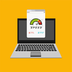 Laptop Test Concept Fast or Slow Load Seo web browser. Vector illustration for web banner, business presentation, advertising material.