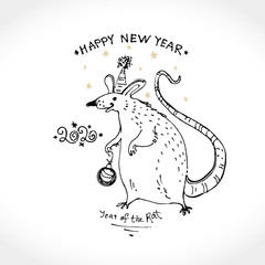 Cute hand drawn illustration with funny Rat. Greeting vector card for Happy New Year congratulations. Year of the Rat 2020. Monochrome mice vector sketch in retro style.
