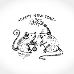 Cute hand drawn illustration with two funny mice. Greeting vector card for Happy New Year congratulations. Year of the Rat 2020. Monochrome vector sketch in retro style.