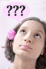Portrait of a brown-eyed girl who thought, pink cloud with question marks