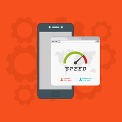 Site Speed Test Concept. smartphone with Speedometer Vector illustration