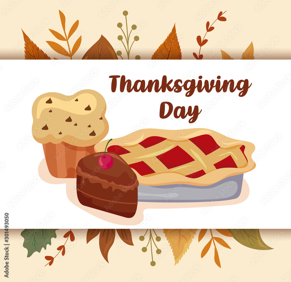 Wall mural card with label thanksgiving day and food