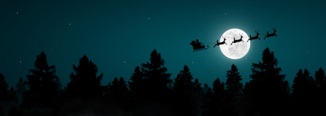 Panoramic of Santa Claus flying in his sleigh over the moon