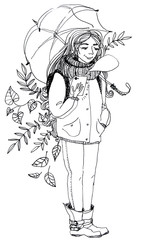 Hand-drawn illustration girl with leaves, umbrella and telephone