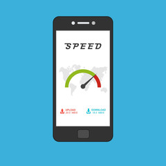 smartphone with speed test on the screen. Vector illustration.