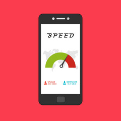 smartphone with speed test on the screen. Vector illustration.