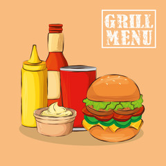 grill menu with delicious hamburger vector illustration design