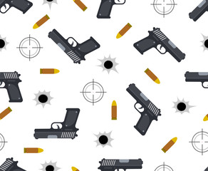 Seamless pattern of gun with bullet and bullet holes on white background - Vector illustration