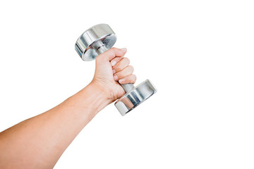 Men hand holding a dumbbell isolated on white background, with clipping path.