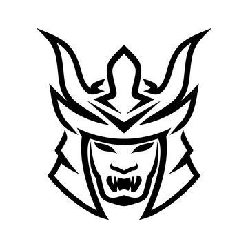 Samurai helmet mask line art vector