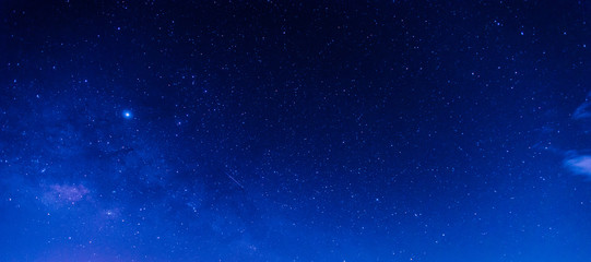Fototapeta na wymiar Panorama blue night sky milky way and star on dark background.Universe filled, nebula and galaxy with noise and grain.Photo by long exposure and select white balance.Dark night sky.