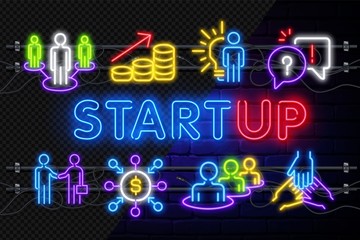 Glowing neon sign of business project startup on dark brick wall background. Business fast start symbol as a flying rocket in neon style. Vector illustration.