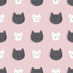 Vector pink, grey and white cat face seamless pattern background. Perfect for fabric, scrapbooking, wallpaper, package design and wrapping paper.