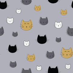 Vector grey black and white cat face seamless pattern background. Perfect for fabric, scrapbooking, wallpaper, package design and wrapping paper.
