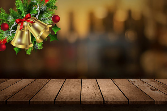 In the image, you will see that the scene is a brown wooden floor background texture and has a Christmas theme, green pine and golden bell decorated on the left corner of the picture.