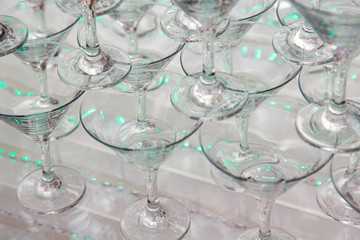 pyramid of champagne glasses at the wedding