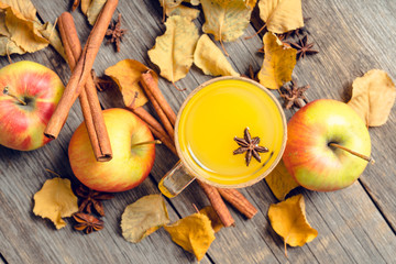Autumn hot and spicy drink with pumpkin and orange juice on the rustic background. Selective focus. Shallow depth of field.