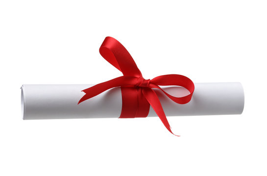 Diploma, Close Up Of Paper Scroll With Red Ribbon Isolated On White Background