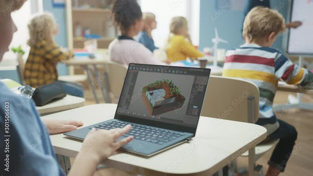 Poster elementary school computer science classroom: over the shoulder view of a kid using laptop to design