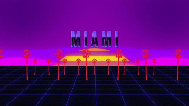  Retro 3D screensaver with visual effects purple background with text Miami and the rising orange sun and standing palm trees. Moving seamless animation.VFX. Abstract of an old computer or game consol