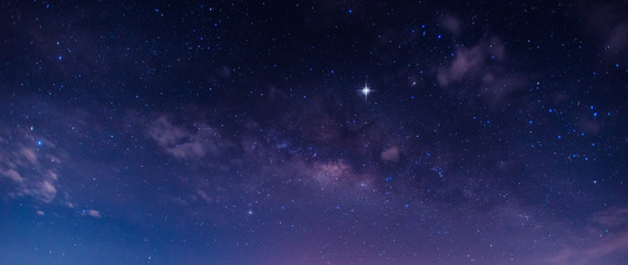 Panorama blue night sky milky way and star on dark background.Universe filled , nebula and galaxy...
