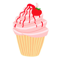 Strawberry cupcake isolated on white background. Vector illustration.