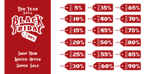 Black Friday sale inscription with discount price tags. Editable Black Friday banner template for social media, ads, promotion. Vector illustration Design.