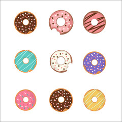 sweet donut set silhouette white cute chocolate glaze yummy decorate sprinkle sugar.deliciouse bakery dessert food celebrate party.snack lover isolate vector pastel