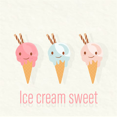 sweet smile face ice cream set on paper background vector happy cute item label decorate with chocolate vanilla bakery food lover