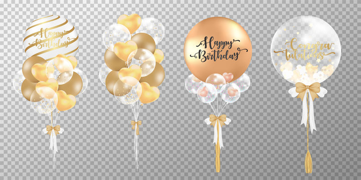 Golden balloons on transparent background. Realistic glossy luxury gold balloons vector illustration. Party balloons decorations wedding, birthday, celebration and anniversary card design. 