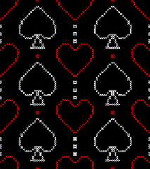 Fototapeta na wymiar Card suits, diamonds, spades, hearts, clubs. Geometric background. Imitation cross stitch. Seamless decorative design.