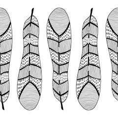 Decorative, ornate bird feathers. Black and white outline illustration for coloring book and page.
