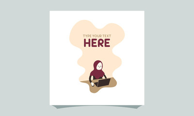 Fototapeta premium Minimalist vector flat character design on business woman working in office behind her desk with laptop. Business woman using laptop