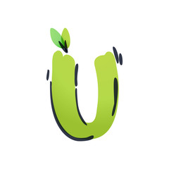 U letter ecology logo with green leaves handwritten with a felt-tip pen.