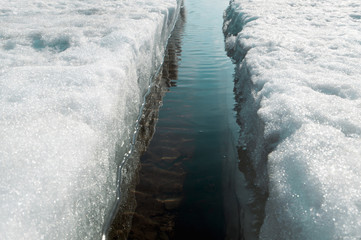 A wide crack in the ice, melting ice. The field of ice cover breaks up, becomes loose and the dark water surface is exposed. Central location.