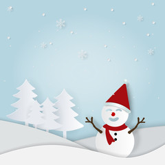 Illustration of Paper art and Craft style, Snowman in pine forest with snowfall, Welcome winter season, I love winter