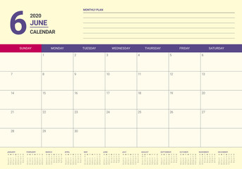 June 2020 desk calendar vector illustration