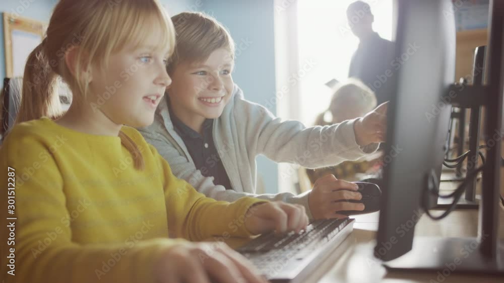 Poster elementary school computer science classroom: portrait of smart girl and boy talking while using per