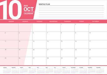 October 2020 desk calendar vector illustration