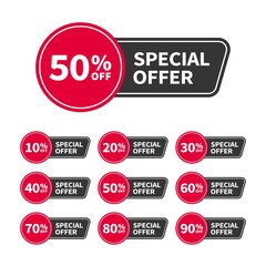 Modern sale tags or banners set with text Today Offer for use in ad, web and print design. Trendy badges template, up to 10, 20, 30, 40, 50, 60, 70, 80, 90 percent off. Vector flat style.
