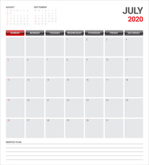 July 2020 desk calendar vector illustration