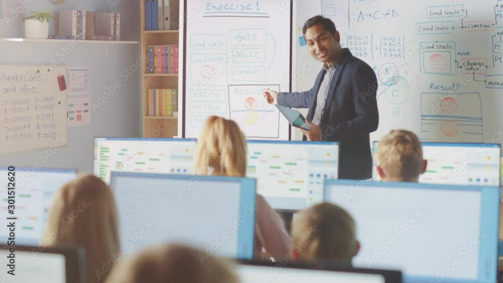 Poster elementary school class: teacher uses interactive digital whiteboard, explains lesson to diverse gro